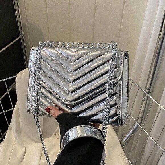 Silver Preppy Womens Mini Square Bag Chevron Detail Flap Chain Metallic - Picture 5 of 5